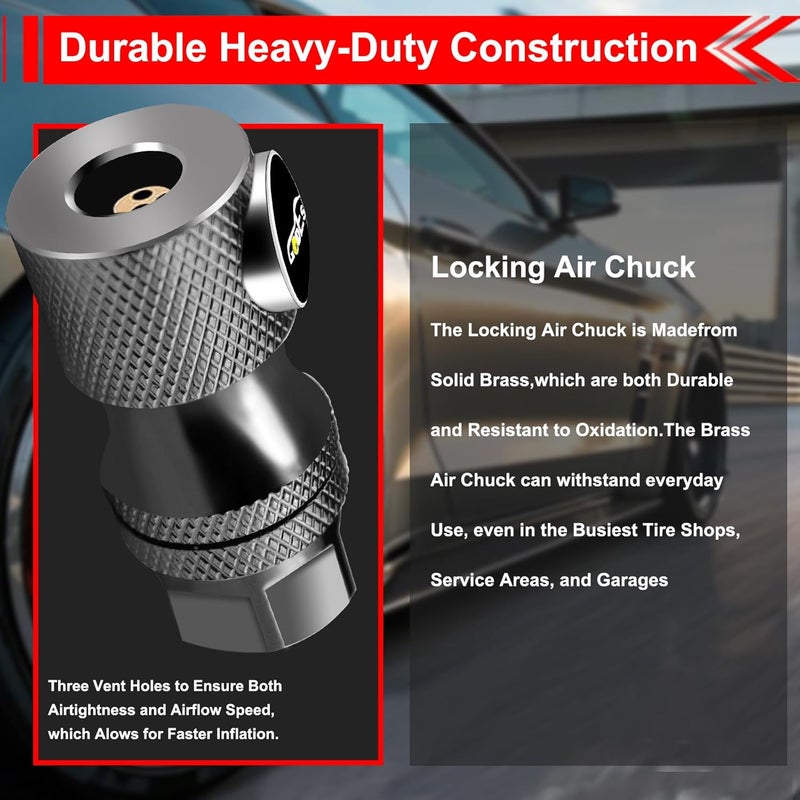 GODESON Locking Air Chuck - Patented Design, 200 PSI, Solid Brass Construction(200PSI), Quick Release for Tires, Close Flow 1/4" NPT Threads Tire Chucks Compatible with Most Air Inflators (Pack of 2) - Image 5